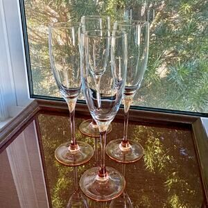 Vintage Luminarc France Champagne Flutes Pink Stem Clear Glass Set of 4